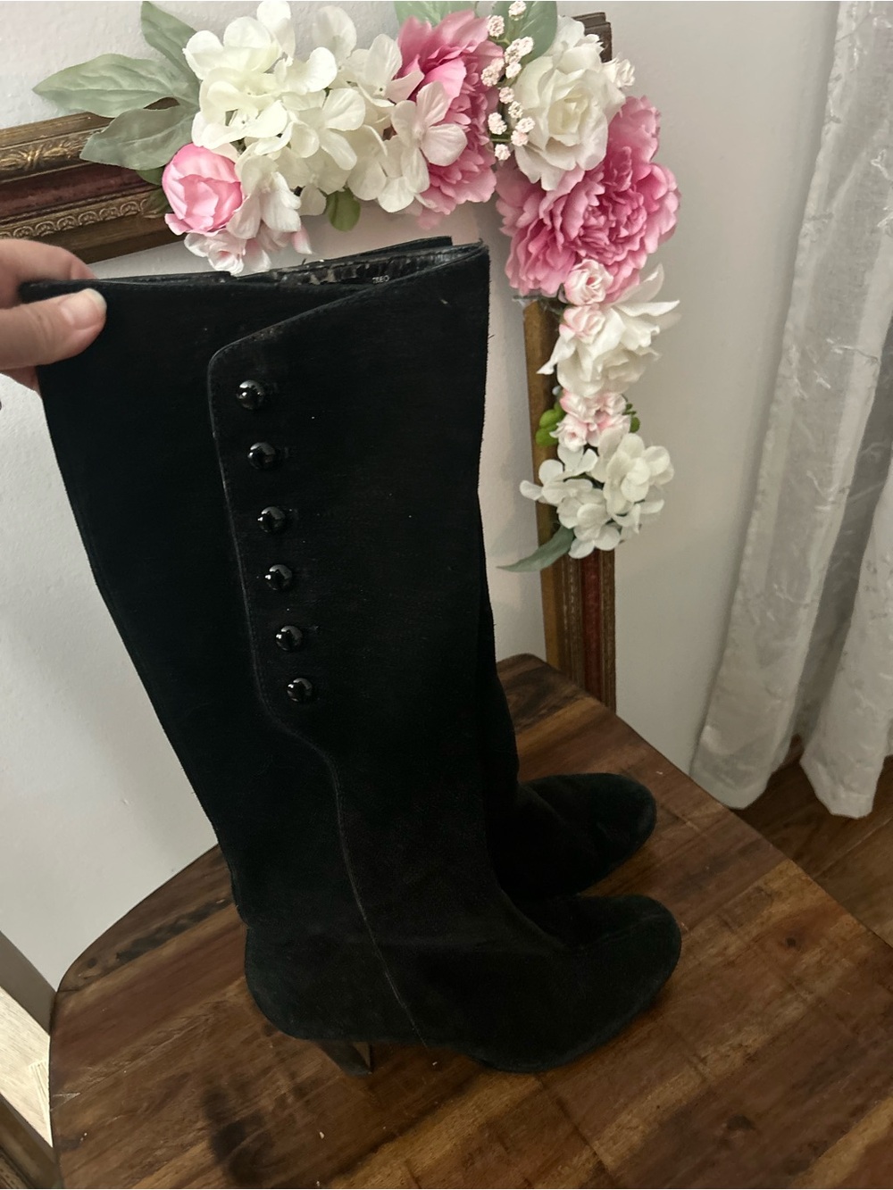 Tahari Treo Black Suede Knee-High Women's Boots - Classic Button Detail